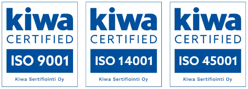 kiwa certified ISO9001, ISO14001, ISO45001